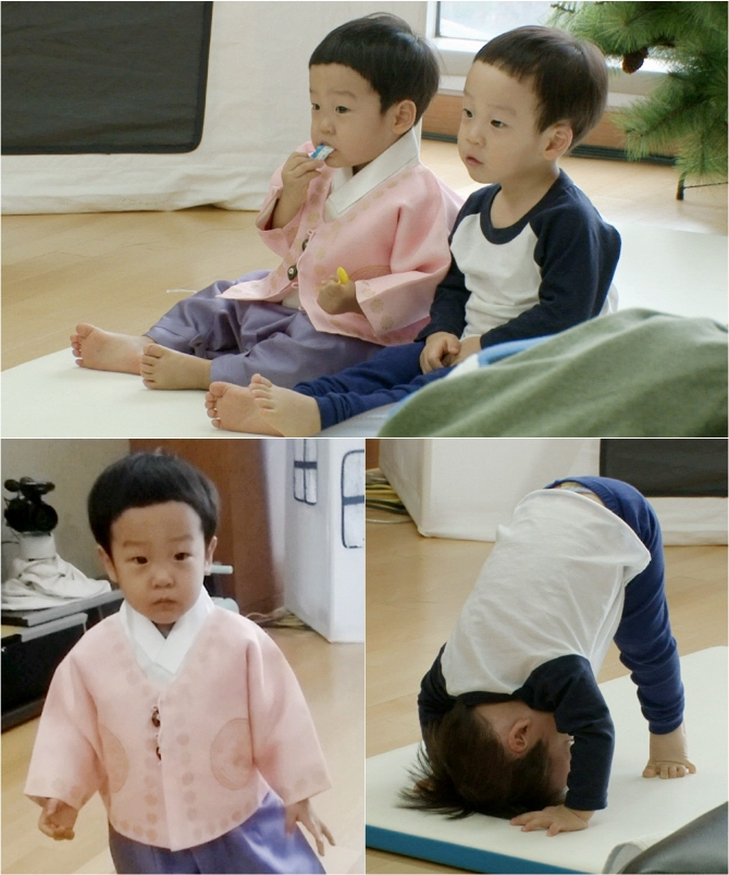 `슈퍼맨` 서언·서준, 세배? 요가?.. 하늘로 치솟은 엉덩이 `까르르`