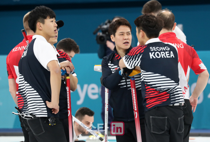 [포토]작전회의 하는 대한민국 남자 컬링 대표팀