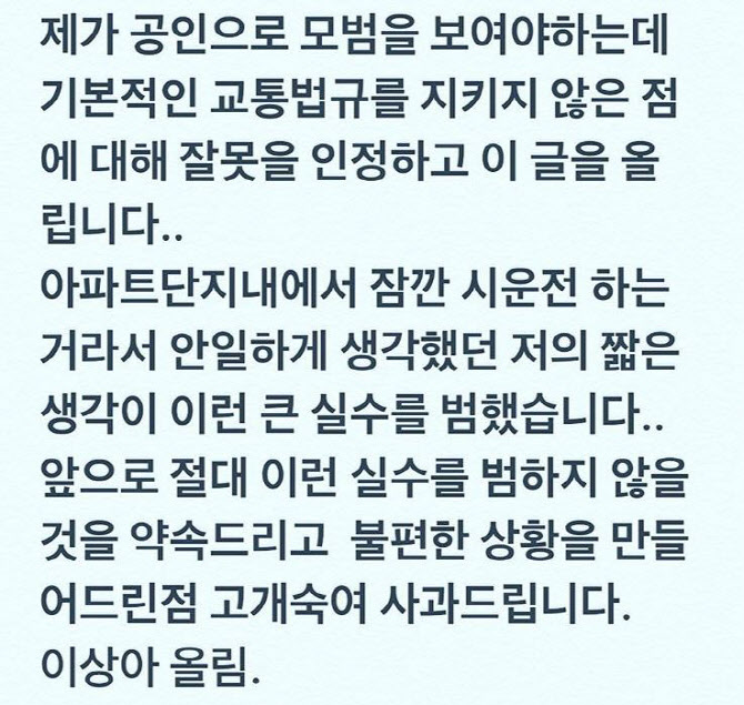 이상아, 안전벨트 미착용 사과 "잘못 인정…큰 실수 범했다" [전문]