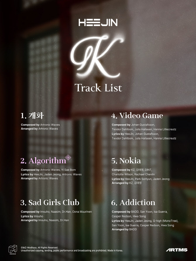 희진, 솔로 앨범 'K' 트랙리스트 공개…4곡 작사 참여