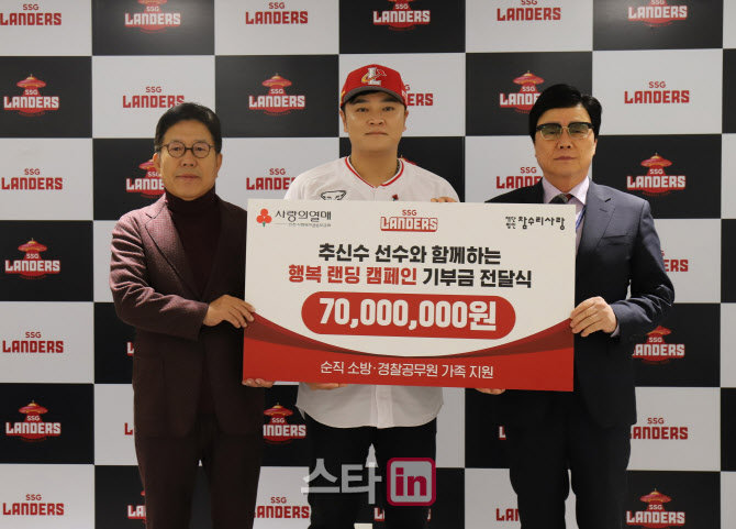 SSG 추신수, '행복 랜딩' 캠페인 기부금 총 1억390만원 전달