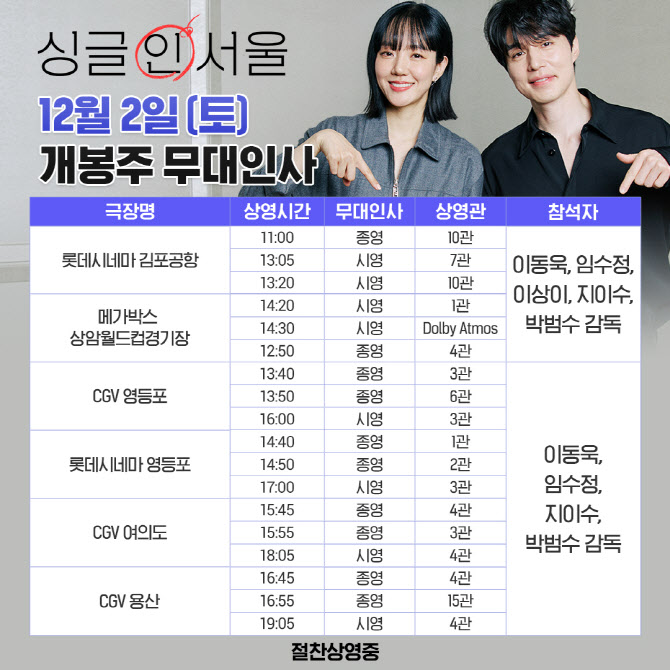 '싱글 인 서울' 2일·3일 개봉주 무대인사…이동욱·임수정→이상이 출동