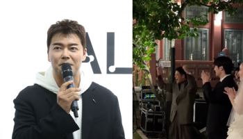 "부케 받았다!" 전현무, 적재·허송연 결혼식서 두 손 들고 '환호'
