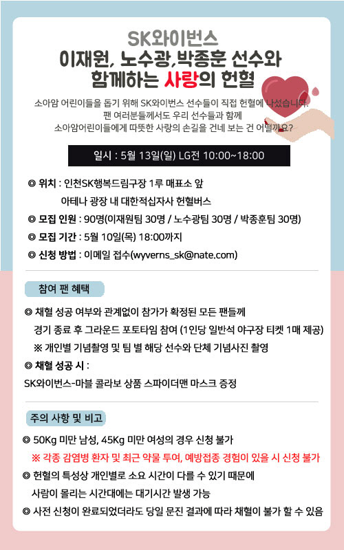 SK 이재원·노수광·박종훈, 소아암어린이 돕기 헌혈 나서