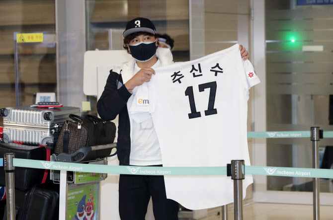  이마트 야구단 유니폼 들어 보이는 추신수                                                                                                                                                          