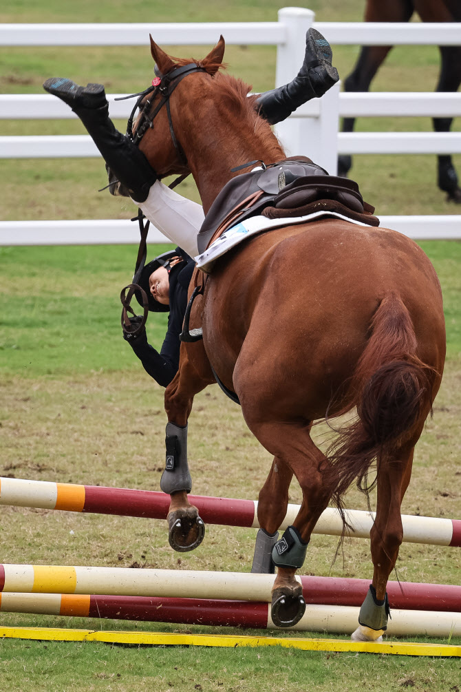 근대5종 마장마술 도중 낙마하는 김세희                                                                                                                                                                   