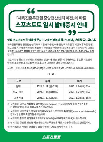 스포츠토토, ‘체육진흥투표권 중앙전산센터 이전’으로 일시 발매 중지