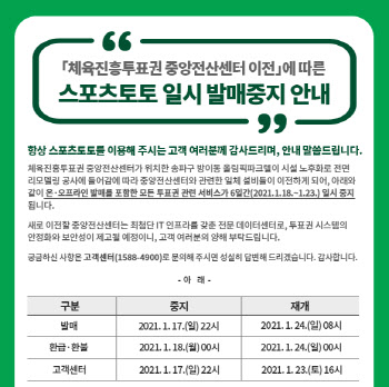 스포츠토토, ‘체육진흥투표권 중앙전산센터 이전’에 따른 일시 발매 중지