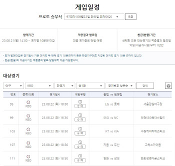 프로토 승부식 97회차, KBO 경기 대상 '야구승1패' 게임 발매 개시