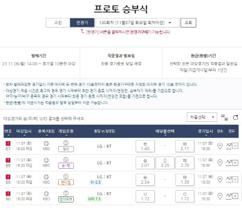 프로토 승부식 130회차, "한국시리즈 1차전 LG승리 확률 60.7%"